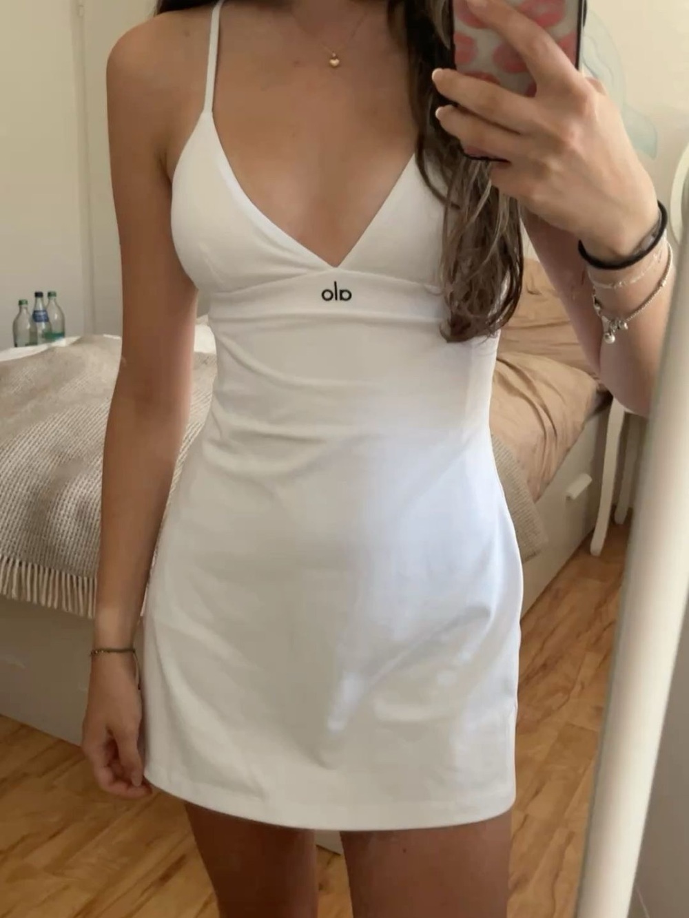 ALO Yoga White Spaghetti-Strap V-Neck Mini Dress